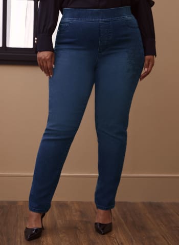 Rhinestone Detail Pull-On Jeans, Indigo Blue