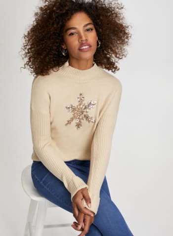 Snowflake Appliqué Knit Sweater, Oatmeal Mix