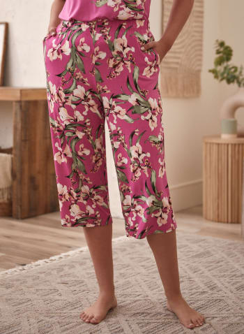 Floral Print Capri Pyjama Pants, Fuchsia