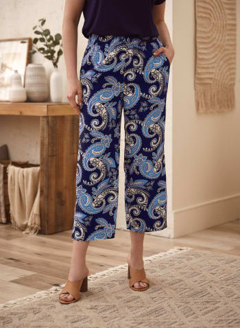 Paisley Print Gaucho Pull-On Pants, Blue Pattern