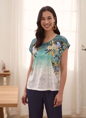 T-shirt à motif floral dégradé et effet chiné, Motif blanc