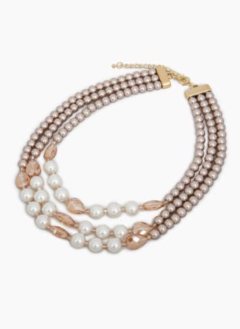 Triple Row Pearl & Stone Necklace, Off White