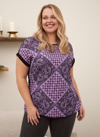T-shirt à manches cape et motif patchwork, Motif violet