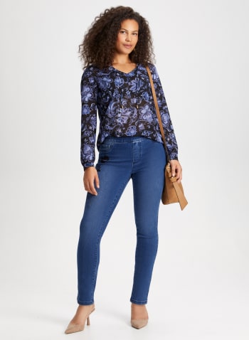 Floral Embroidery Pull-On Jeans, Indigo Blue