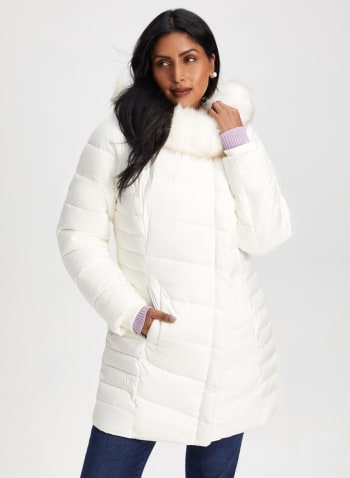 Quilted Asymmetrical Vegan Down Coat, Stone 