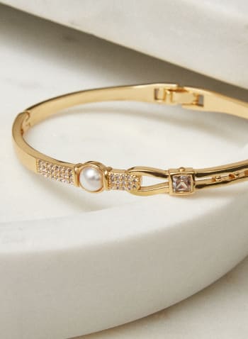 Bracelet rigide à détails de perles et cristaux, Blanc perle