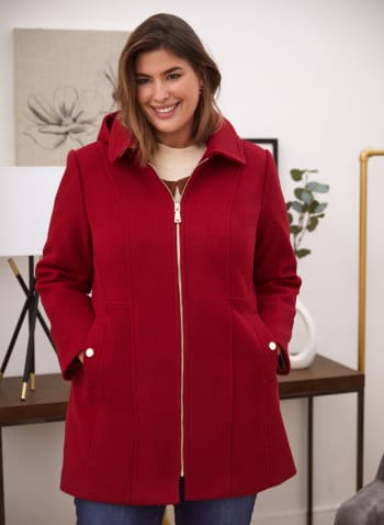 Hooded Stretch Wool Blend Coat, Red