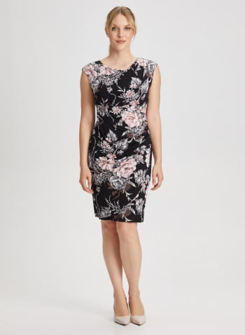 Asymmetric Neck Floral Print Dress, Black Pattern