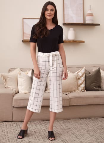 Grid Print Belted Gaucho Pants, White