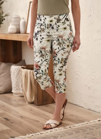 Tropical Print Pull-On Capris, White