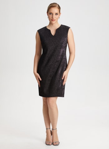 Split Neck Metallic Detail Dress, Black Pattern