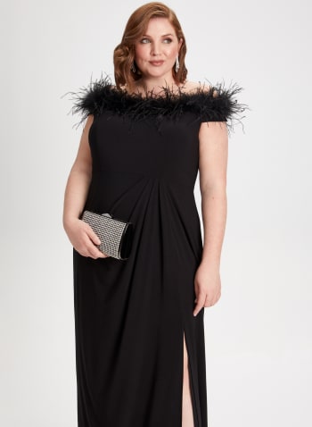 Feather Trim Off-The-Shoulder Dress, Black