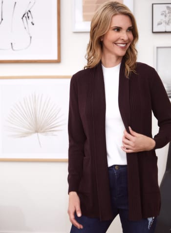 Open Cardigan With Pockets, Eggplant