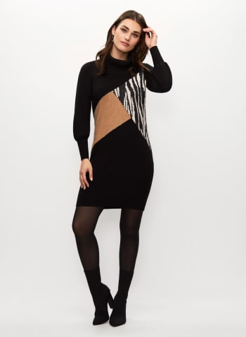 Patchwork Design Sweater Dress, Black Pattern
