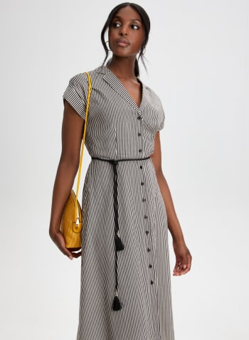 Stripe Print Button-Down Dress, White Pattern