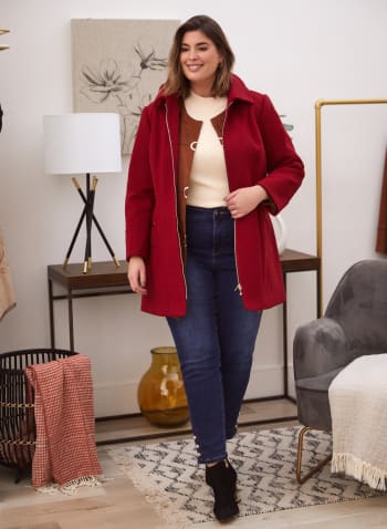 Hooded Stretch Wool Blend Coat, Red