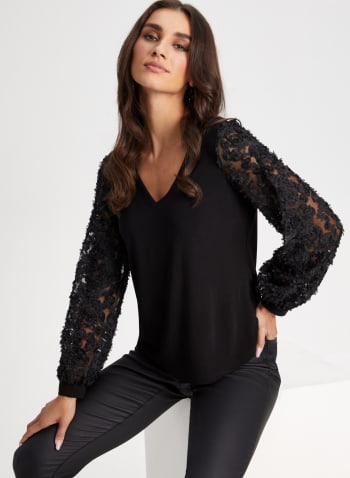 Embroidered Bouffant Sleeve Top, Black