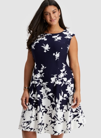 Floral Print Fit & Flare Dress, Navy & White