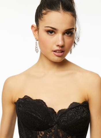 Sweetheart Neck Glitter Lace Gown, Black