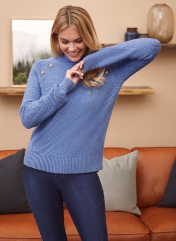 Button Detail Knit Sweater, Blue