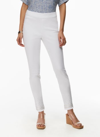 Rhinestone Detail Embroidered Pull-On Jeans, White