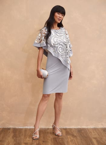 Sequin Swirl Detail Poncho Dress, Silver