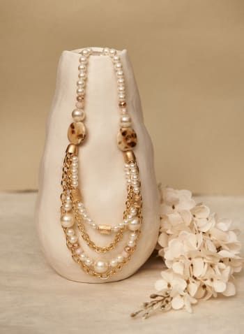Collier multi-rangs à perles et détails dorés, Blanc cassé