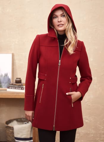 Tab Detail Wool Blend Coat, Red