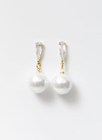 Boucles d'oreilles à perle et pierre à facettes, Blanc perle