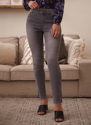Rhinestone Detail Slim Leg Jeans, Grey