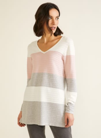 Colour Block V-Neck Sweater, Red Pattern