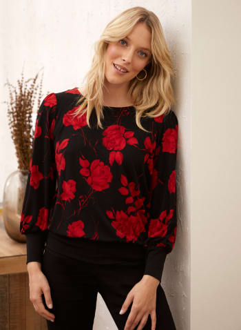 Floral Print Puff Sleeve Top, Red