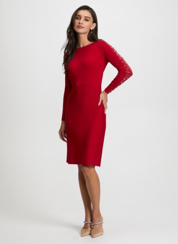 Embellished Sleeve Sweater Dress, Red D-Lux