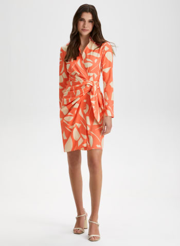 Floral Print Faux-Wrap Dress, Orange Pattern