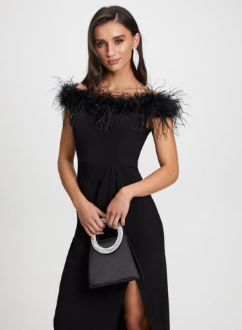 Feather Trim Off-the-Shoulder Dress, Black