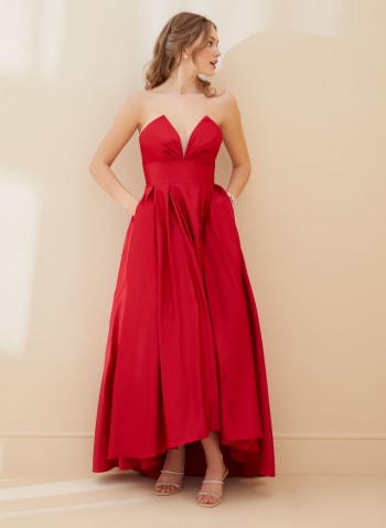 Strapless V-Neck Satin Ball Gown, Red
