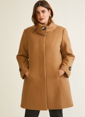 Stretch Faux Wool Button Detail Coat, Brown