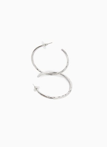 Textured Open Hoop Earrings, Silver