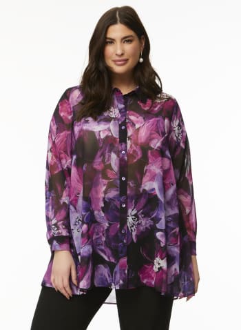 Floral Print Button-Up Blouse, Purple Pattern