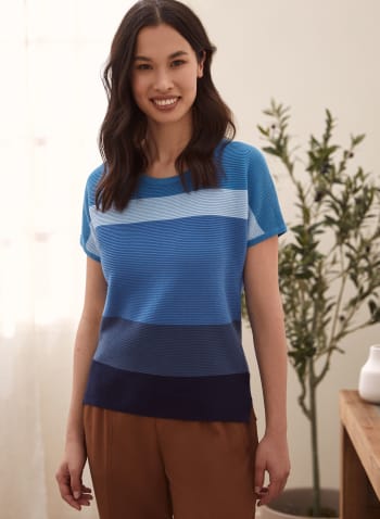 Short Sleeve Colour Block Sweater, Blue Pattern