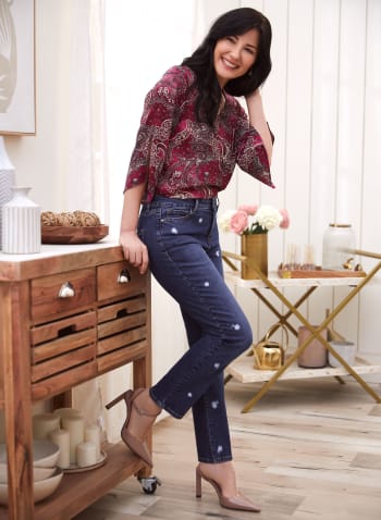 Floral Embroidery Straight Leg Jeans, Light Blue