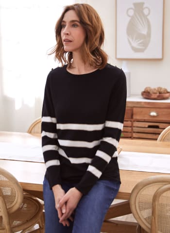 Button Detail Stripe Print Sweater, Black Pattern