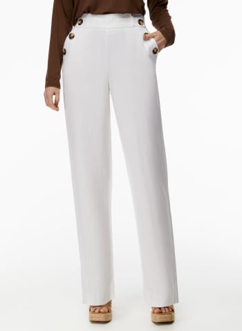 Button Detail Linen-Blend Pants, White