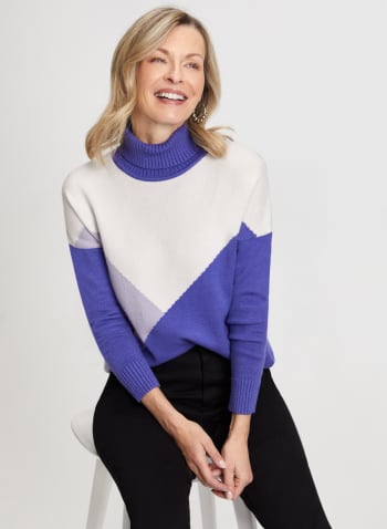 Colour Block Turtleneck Sweater, Purple Pattern