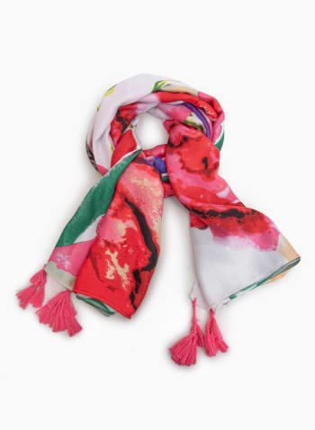 Foulard léger à motif floral et pompons, Multicolore