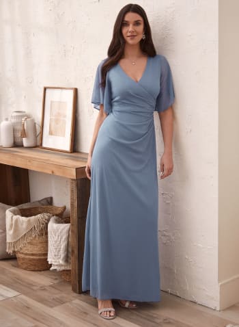 Flutter Sleeve Shirred Detail Dress, Blue