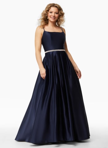 Crystal Detail Satin Gown, Blue