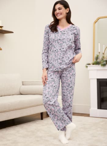 Floral Print Cotton Pyjama Set, Grey
