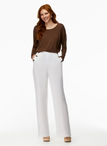 Button Detail Linen-Blend Pants, White