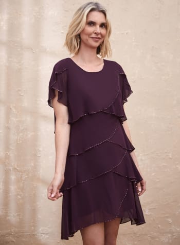 Tiered Ruffle Chiffon Dress, Purple